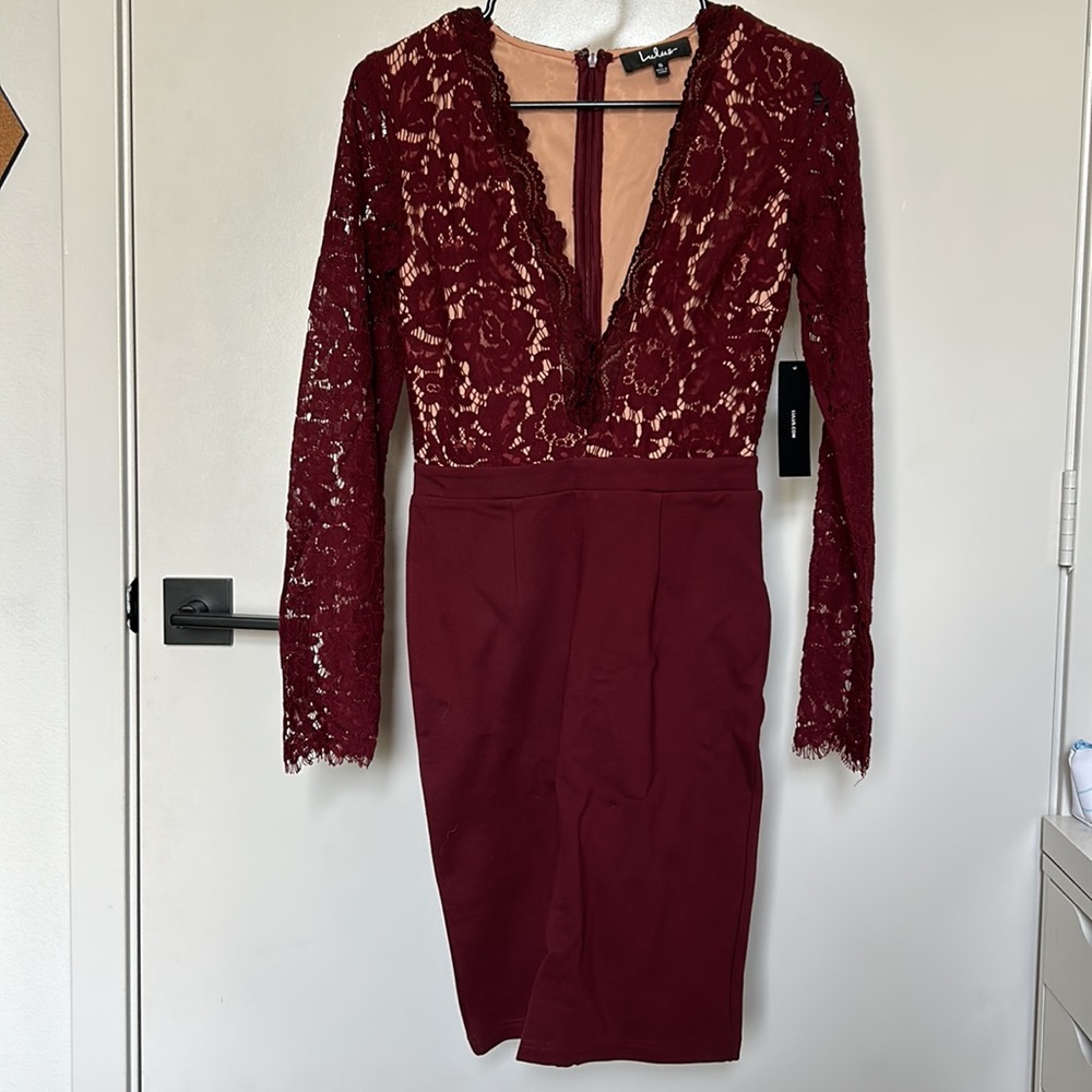 Lulus Burgundy Lace Long Sleeve Dress